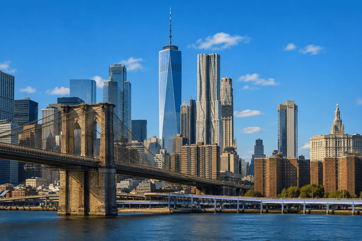 The Brooklyn Bridge with the Lower Manhattan skyline in the background