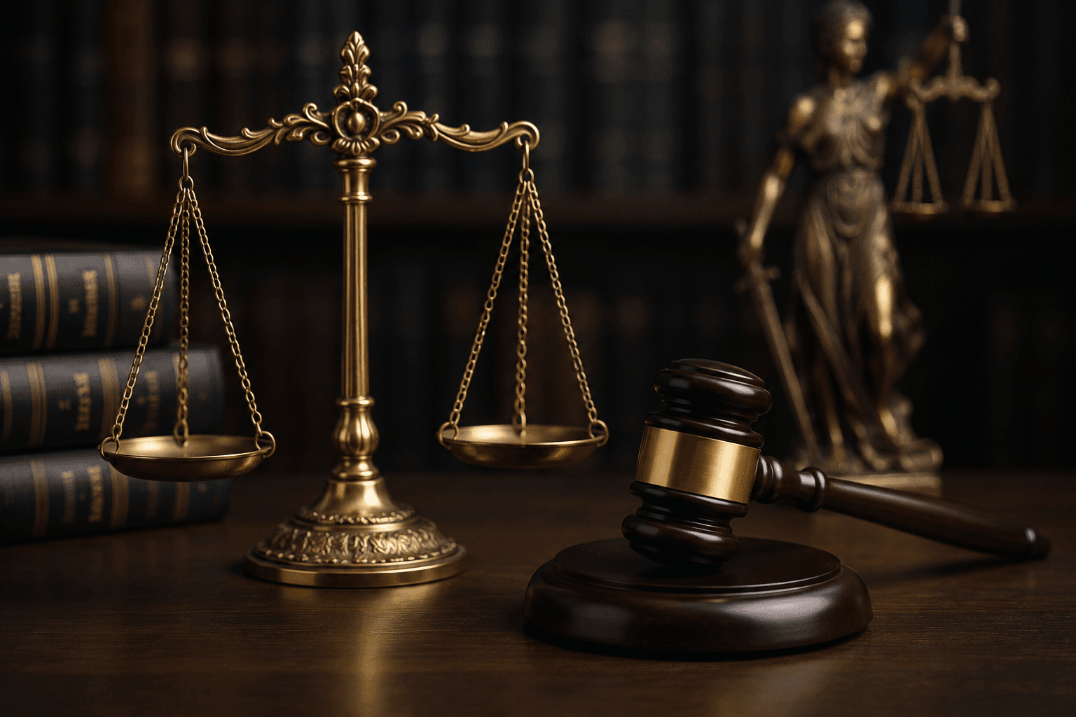 A judge's gavel beside the scales of justice on a wooden desk